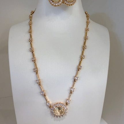 Conjunto colar brincos pedra champanhe folheado
