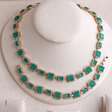 Colar pulseira pedra fusion esmeralda folheado