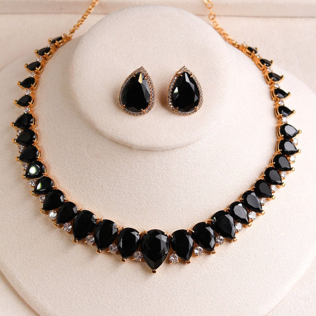 Conjunto colar brincos ônix maxi luxo folheado