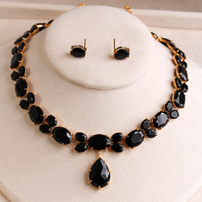 Conjunto ônix colar pingente gota brincos ouro