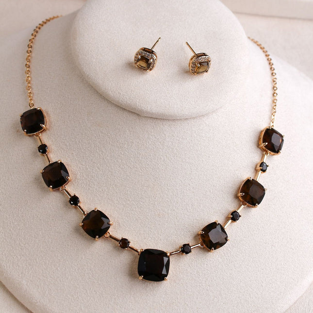 Conjunto colar brincos pedras pretas quadradas