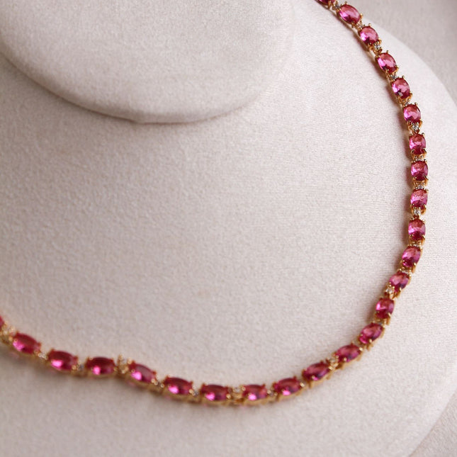 Colar riviera pedras pink folheado ouro