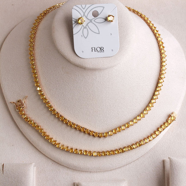 Conjunto riviera colar pulseira brincos amarelo