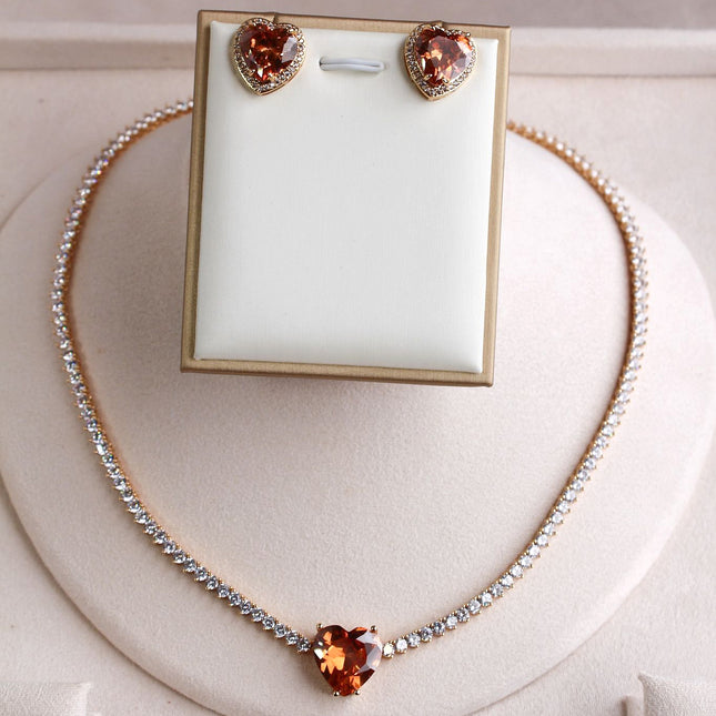 Conjunto riviera cristal coração laranja brincos