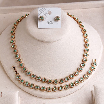 Conjunto cristais verdes colar pulseira brincos