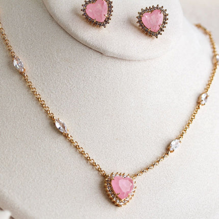 Conjunto colar brincos coração rosa folheado