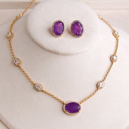 Conjunto colar brincos pedra roxa oval folheado