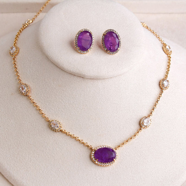 Conjunto colar brincos pedra roxa oval folheado