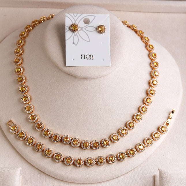 Conjunto cristais amarelos colar pulseira brincos