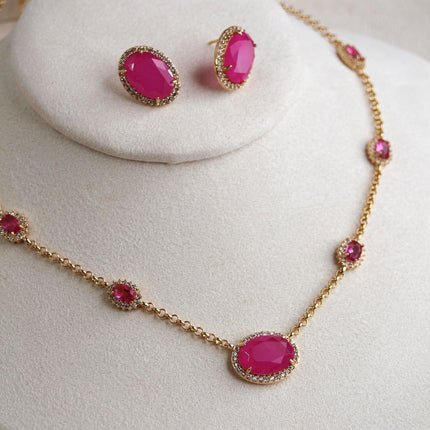 Conjunto colar brincos pedra rosa oval folheado