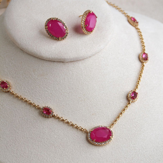 Conjunto colar brincos pedra rosa oval folheado