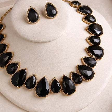 Conjunto colar brincos gota ônix maxi luxo