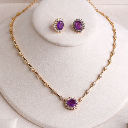 Conjunto ametista oval halo colar brincos