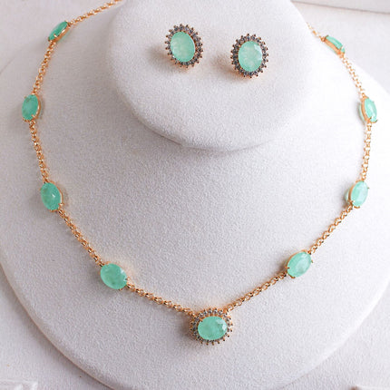 Conjunto colar brincos pedra verde oval