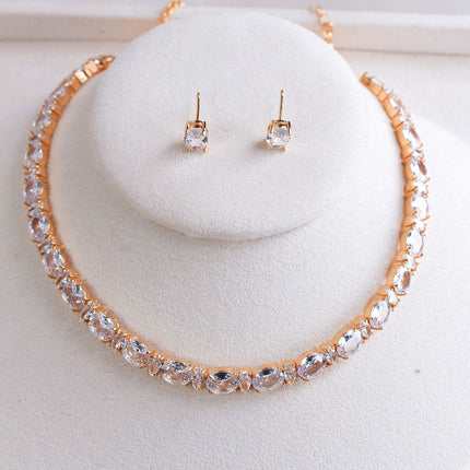 Conjunto colar brincos cristal oval folheado