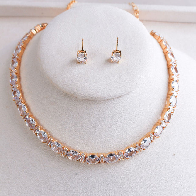 Conjunto colar brincos cristal oval folheado