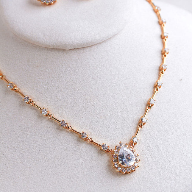 Conjunto colar brincos cristal gota folheado
