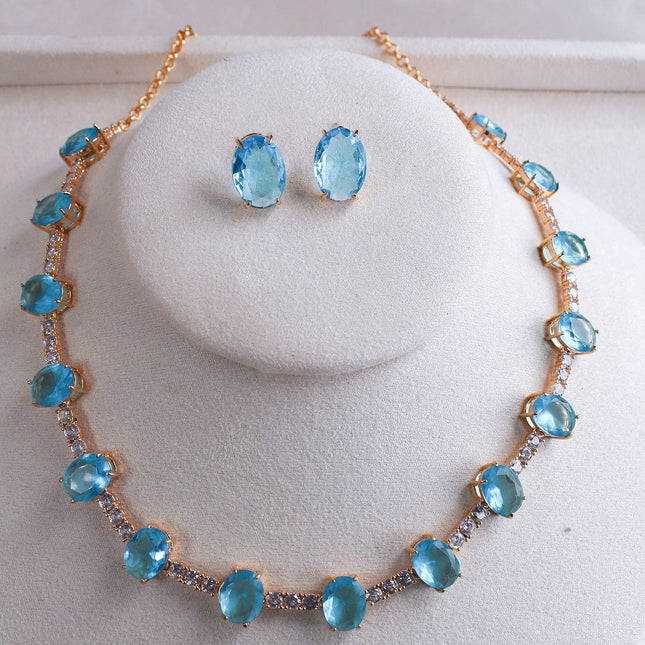 Conjunto colar brincos pedra azul oval