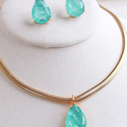 Conjunto colar brincos gota verde água