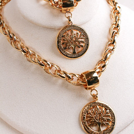 Conjunto colar pulseira medalha árvore vida