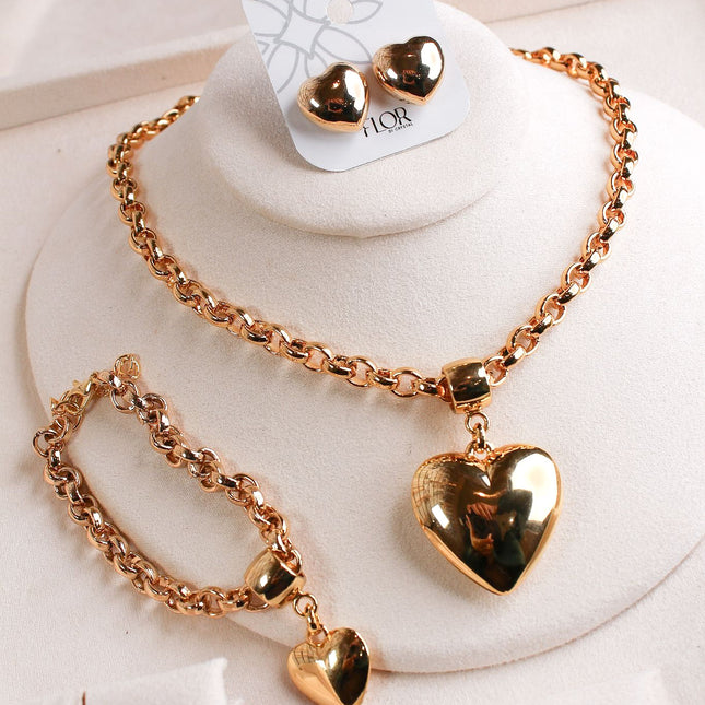 Conjunto colar, pulseira brincos coração liso