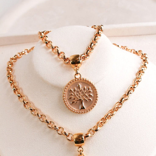 Conjunto colar pulseira árvore vida rosê