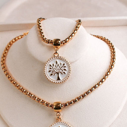 Conjunto colar pulseira árvore vida branca