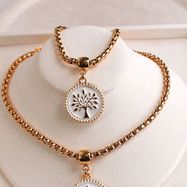 Conjunto colar pulseira árvore vida branca