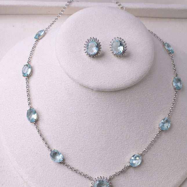 Conjunto colar brincos pedra azul oval