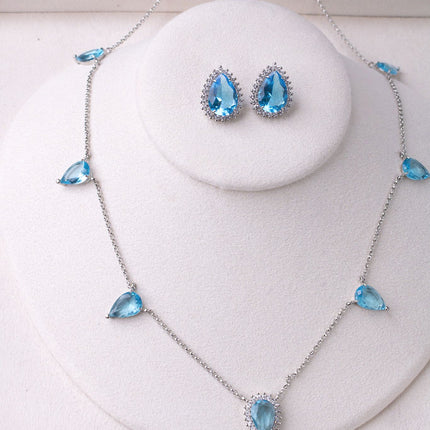 Conjunto colar brincos gota azul