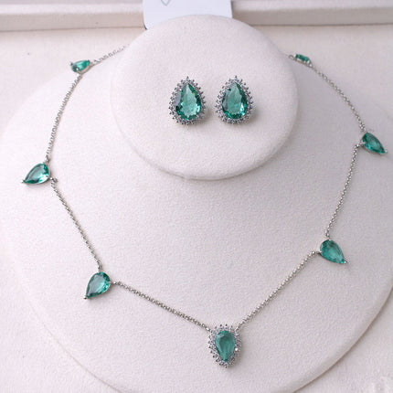 Conjunto colar brincos gota verde água