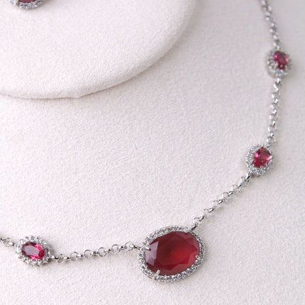 Conjunto colar brincos pedra vermelha oval