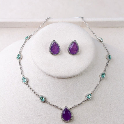 Conjunto colar brincos pedra roxa gota