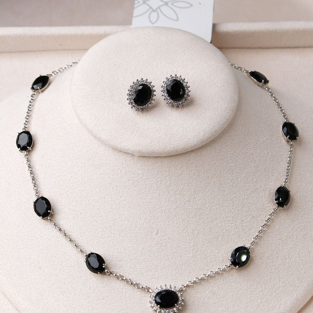 Conjunto colar brincos pedra preta oval