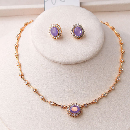 Conjunto colar brincos pedra lilás oval
