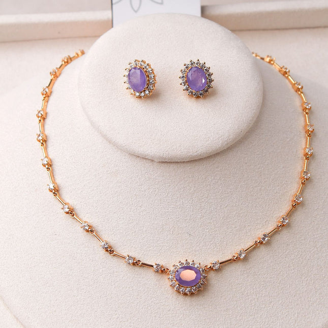 Conjunto colar brincos pedra lilás oval