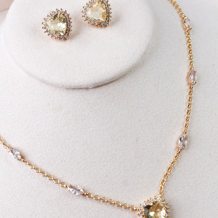 Conjunto colar brincos coração amarelo claro