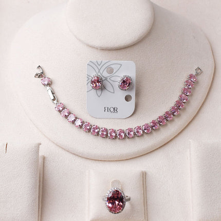 Conjunto pulseira, brincos anel rosa oval