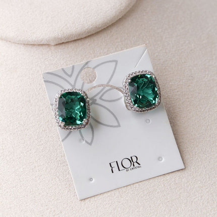 Conjunto brincos anel pedra verde retangular
