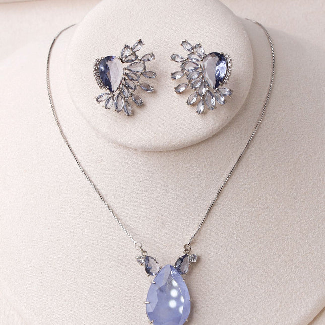 Conjunto colar brincos pedra lilás gota
