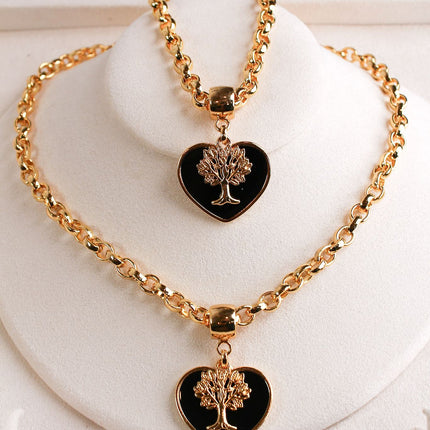 Conjunto colar pulseira coração preto árvore