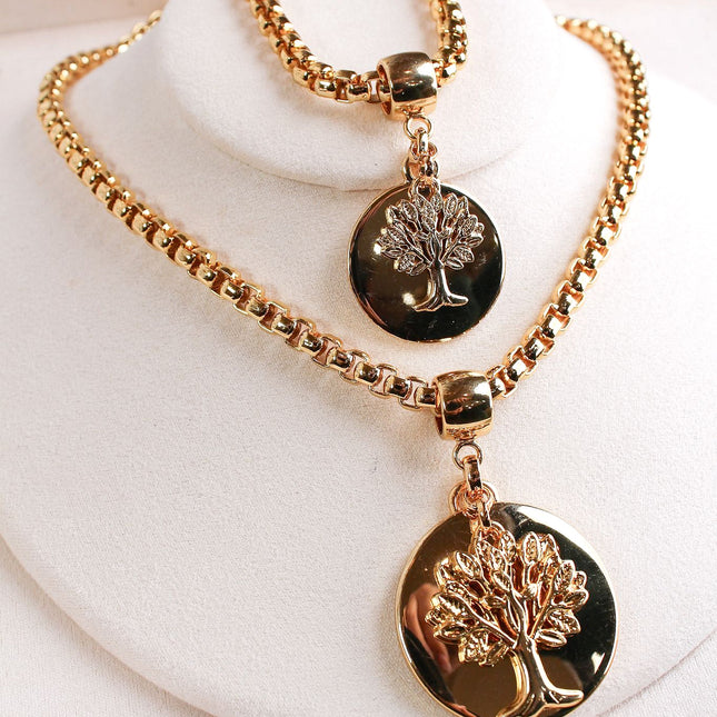 Conjunto colar pulseira medalha árvore lisa