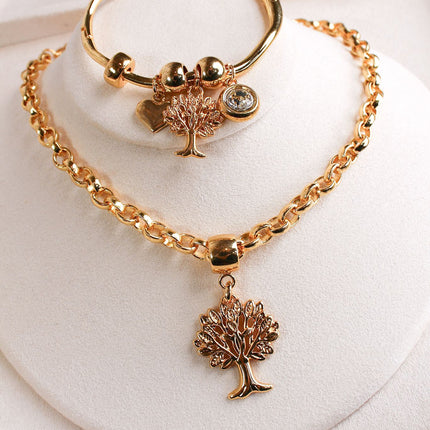 Conjunto colar bracelete árvore vida dourada