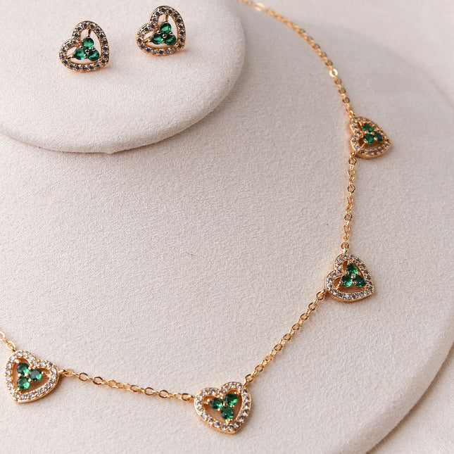 Conjunto colar brincos corações verdes