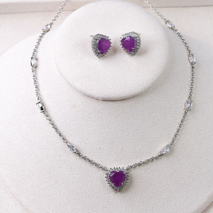 Conjunto colar brincos coração roxo