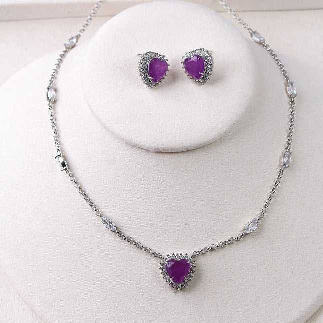 Conjunto colar brincos coração roxo