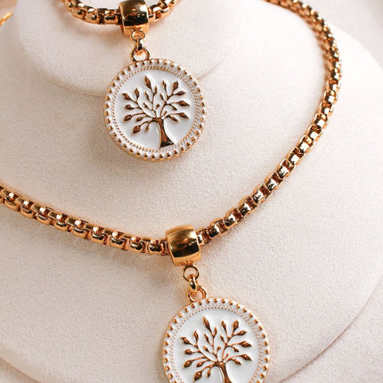 Conjunto colar pulseira árvore vida branco
