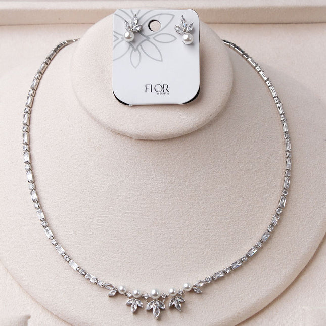 Conjunto colar brincos pérola zircônias