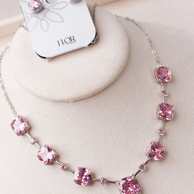 Conjunto colar brincos pedras rosa
