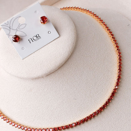 Conjunto colar riviera brincos pedra vermelha
